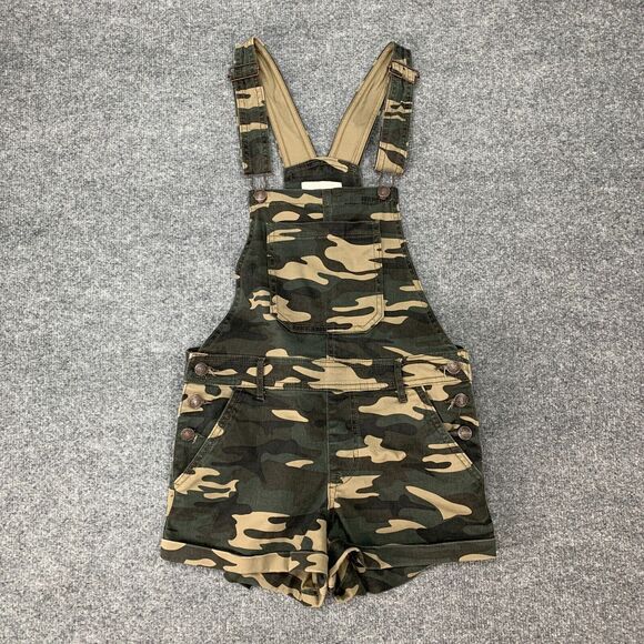 Forever 21 Camo Denim Overalls Womens 27 Cuffed Pockets Stretch Cotton Shortalls - Picture 2 of 11
